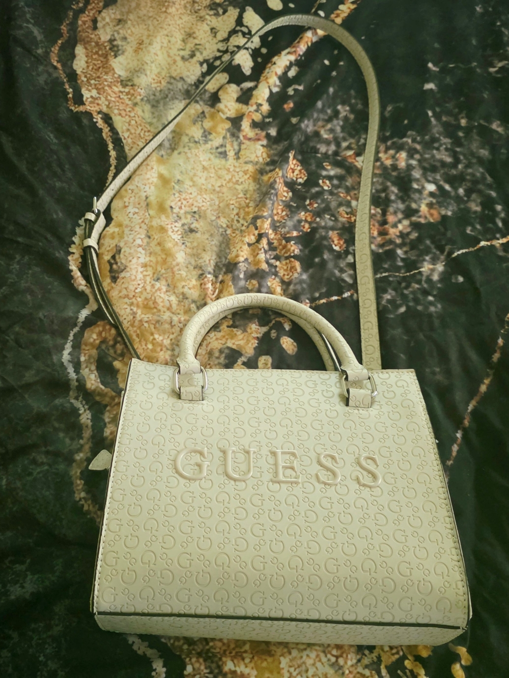 GUESS Cream Embossed Logo Top-Handle Satchel with Strap